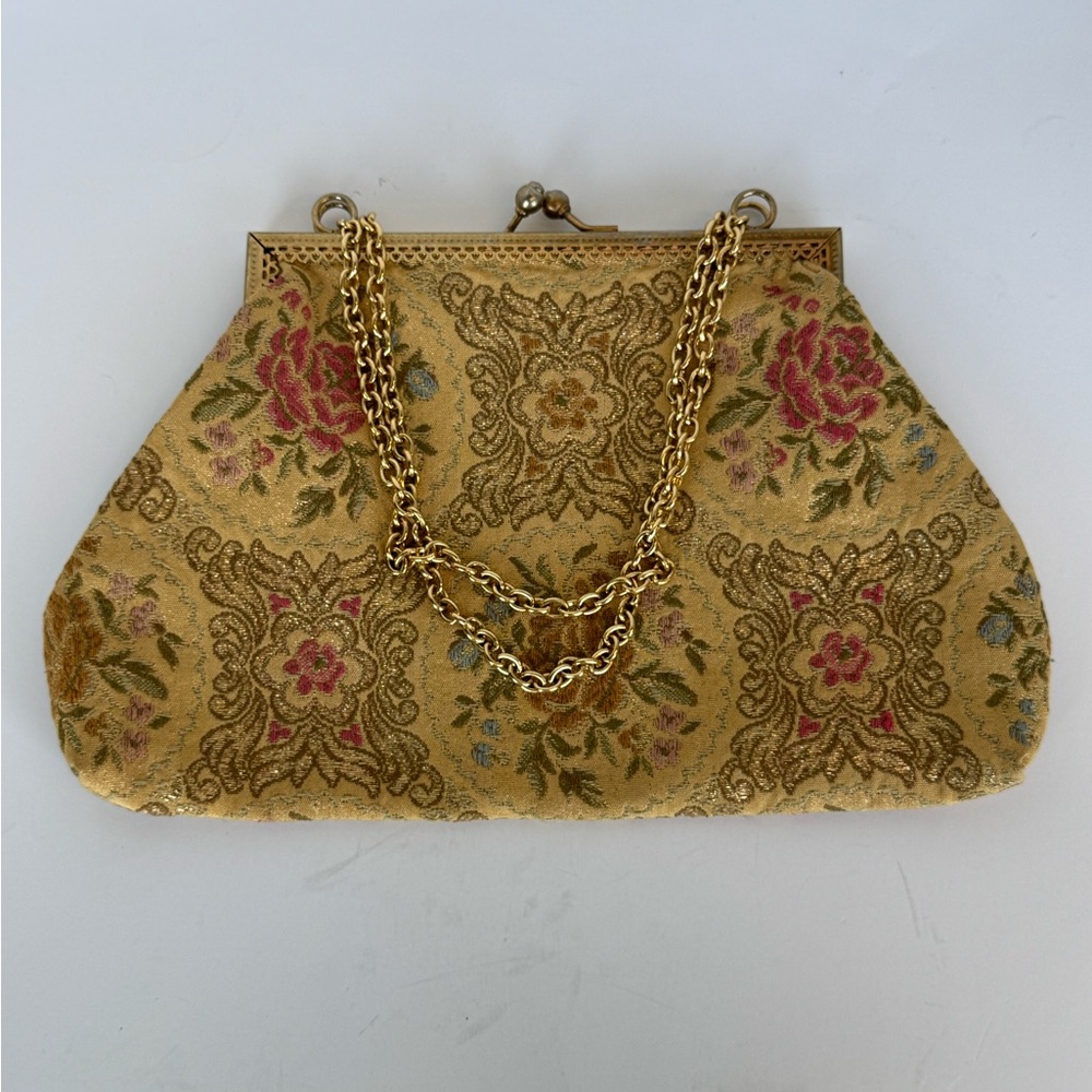 Elegant Floral Tapestry Clutch with Gold Chain